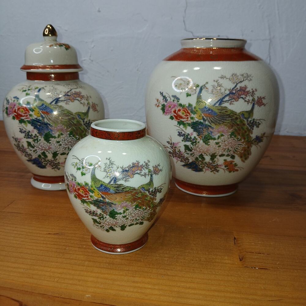 Set Of 3 Satsuma Japan Hand Painted Floral Ginger Jars #6